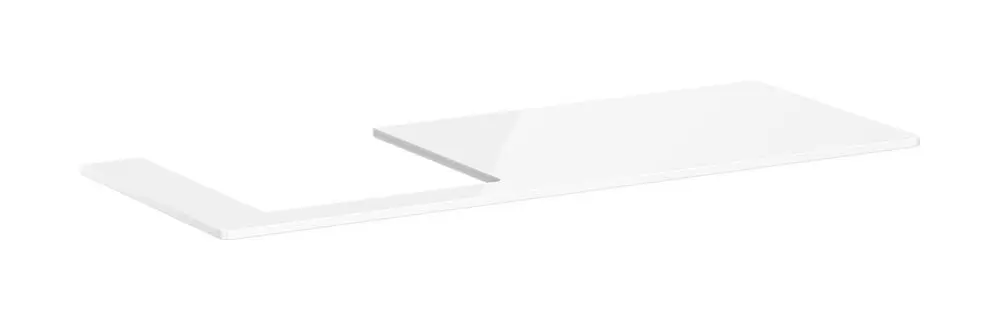 Weiße Konsole von Hansgrohe mit linksseitigem Ausschnitt, flache Oberfläche und gerader Kante, geeignet für den Einsatz mit einem Aufsatzwaschtisch.